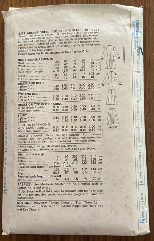 Butterick 5393 vintage 1970s Matti of Lynne skirt and top pattern. Bust 34 inches