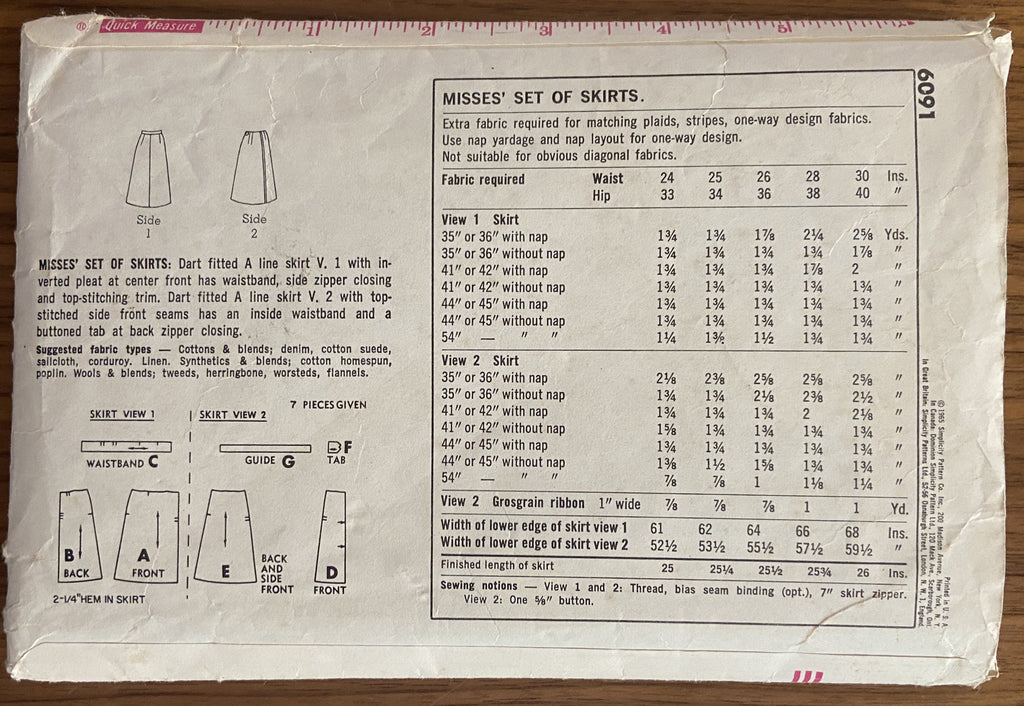 Simplicity 6091 vintage 1960s skirts sewing pattern. Waist 28 inches