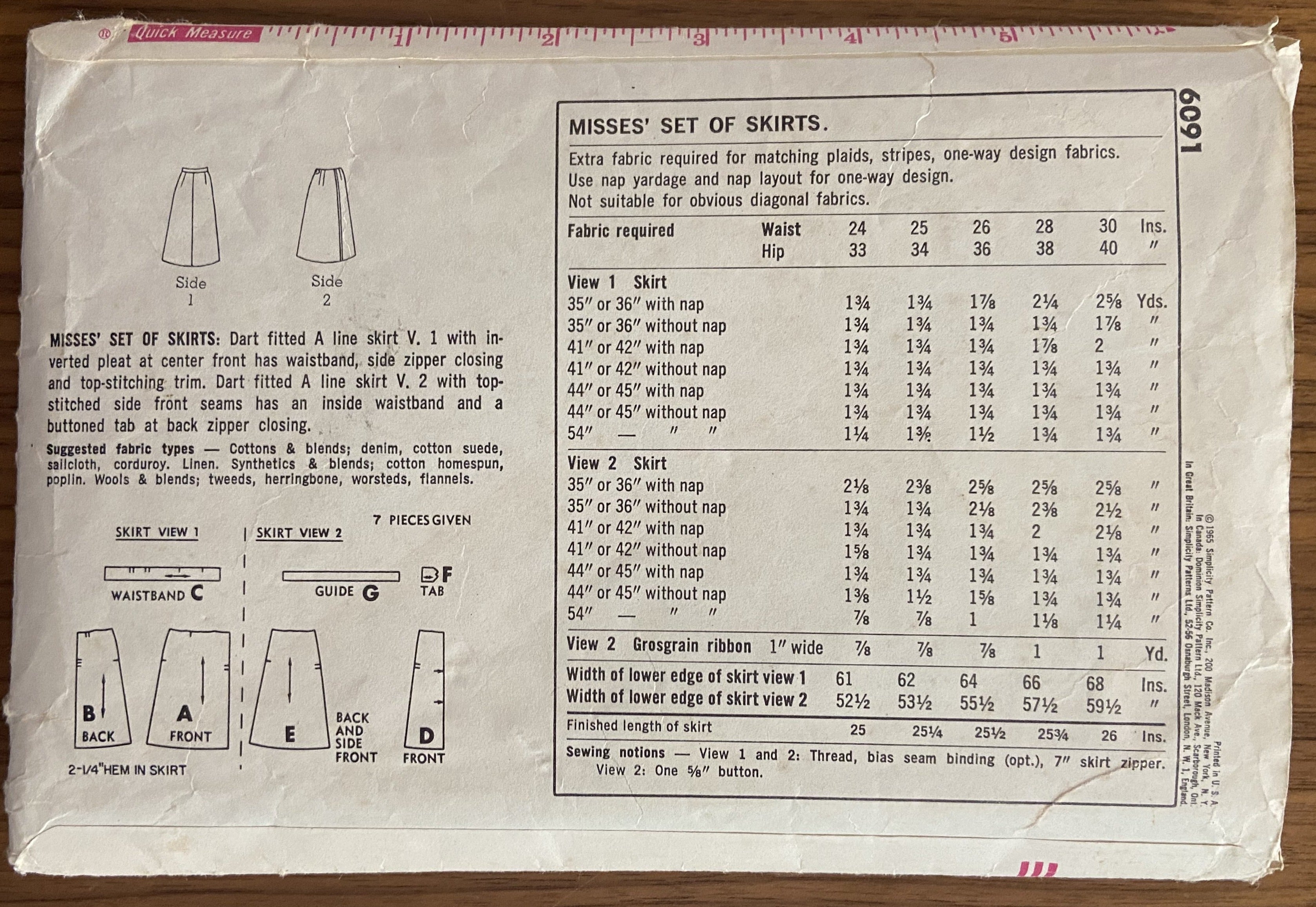 Simplicity 6091 vintage 1960s skirts sewing pattern. Waist 28 inches