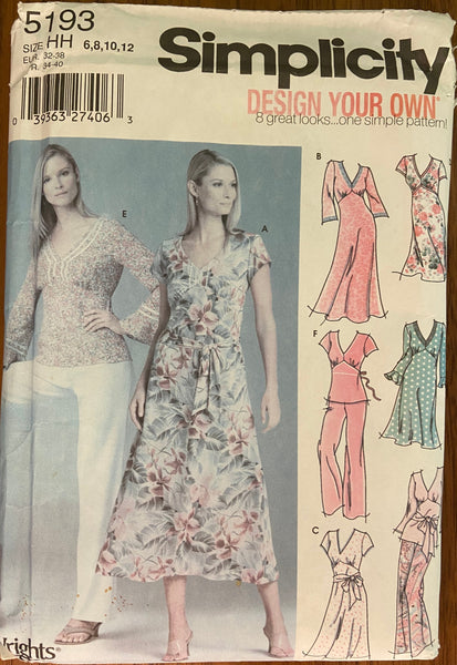Simplicity 5193 2000s design your own dress, top and pants sewing pattern bust 30 1/2 to 34 inches