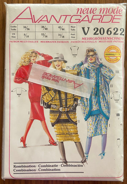 neue mode avantgarde v 20622 vintage 1980s skirt, sweater, jacket, vest and scarf sewing pattern multisize pattern Bust 30 1/2 - 40 inches