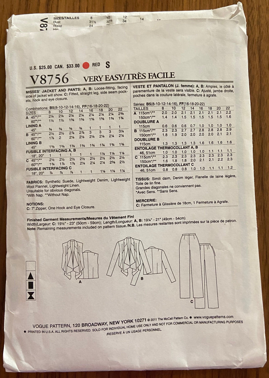 Very easy Vogue v8756 2000s pattern waterfall jacket and pants. Bust 31 1/2 - 38 inches