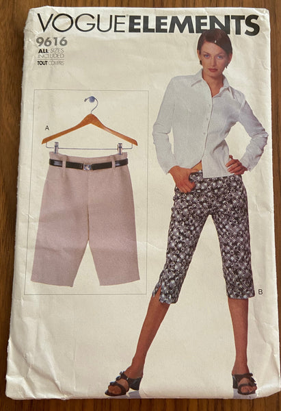 Vogue 9616 vintage 1990s pants and shorts pattern. Sizes 6-22. Waist 23-37 inches.