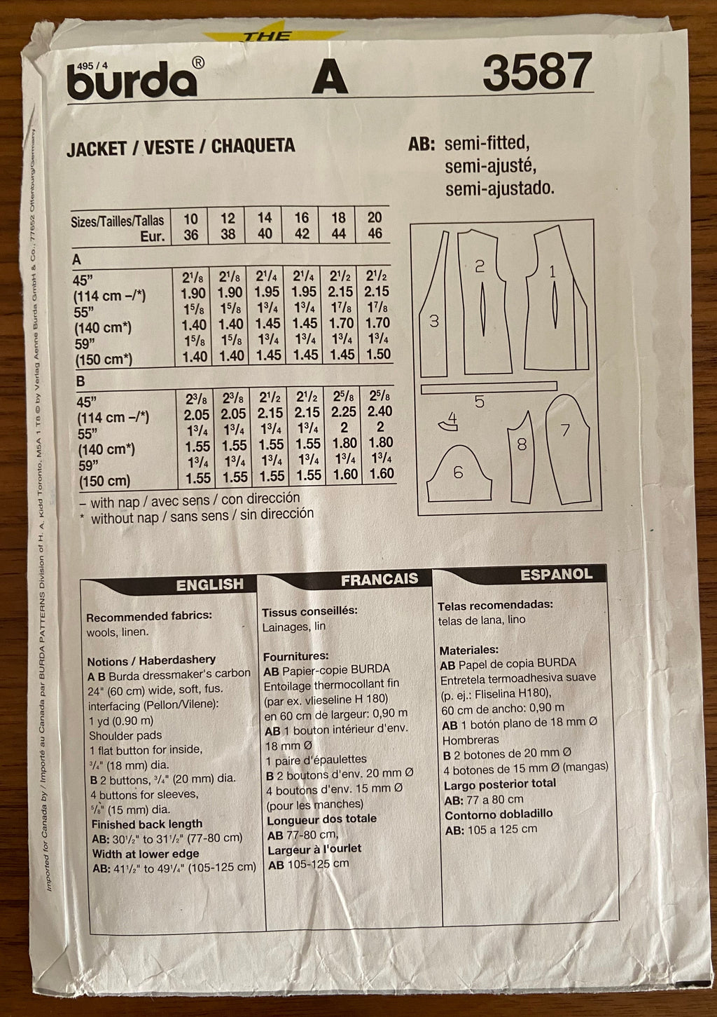 Burda 3587 vintage 1990s jacket pattern Multisize pattern
