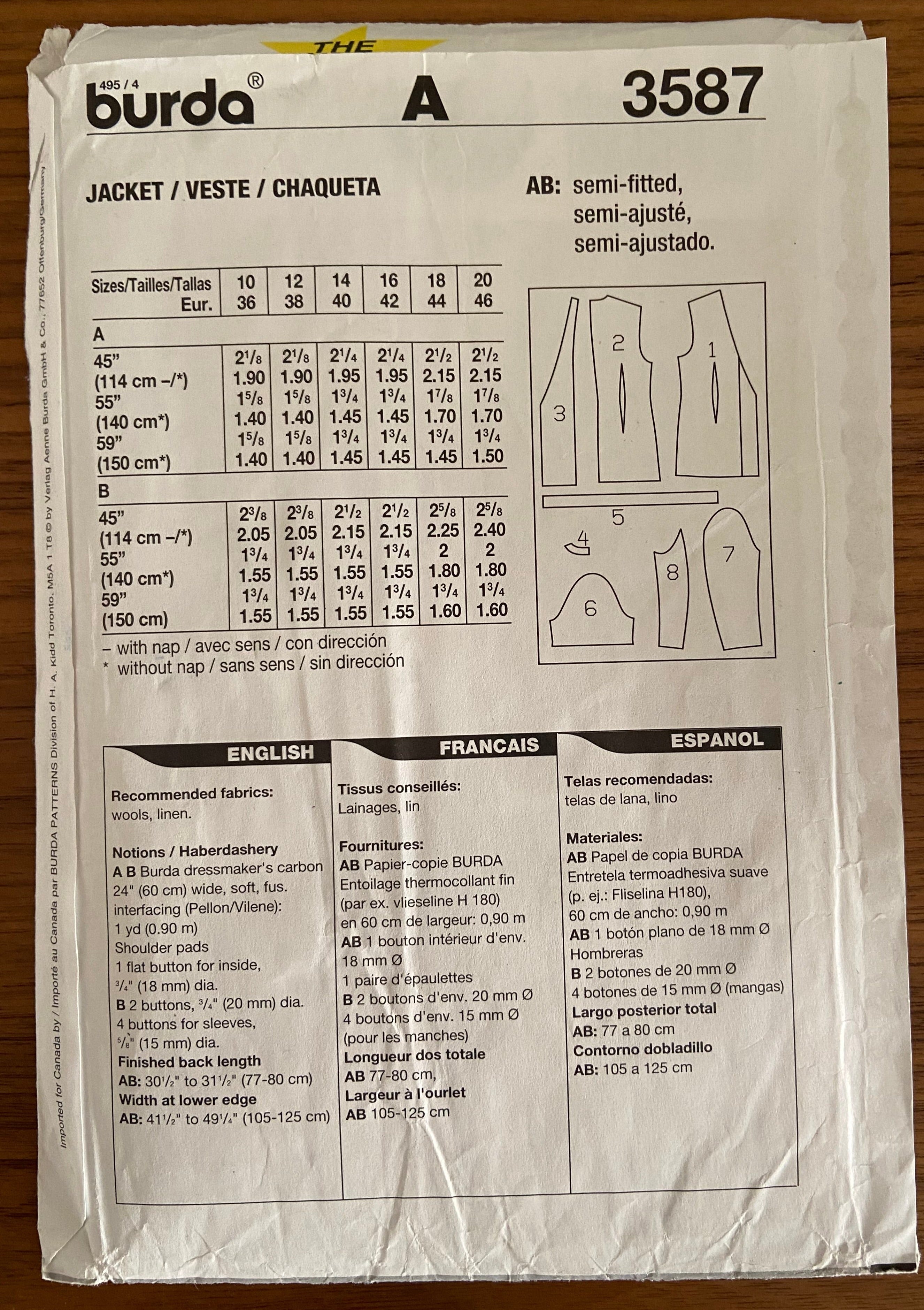 Burda 3587 vintage 1990s jacket pattern Multisize pattern
