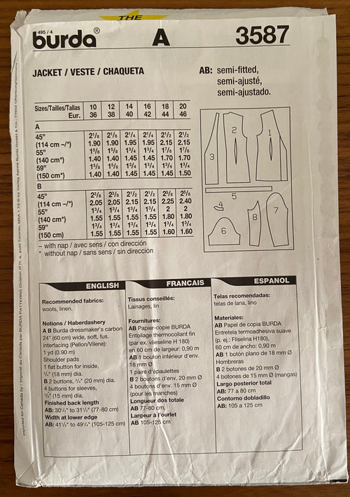 Burda 3587 vintage 1990s jacket pattern Multisize pattern