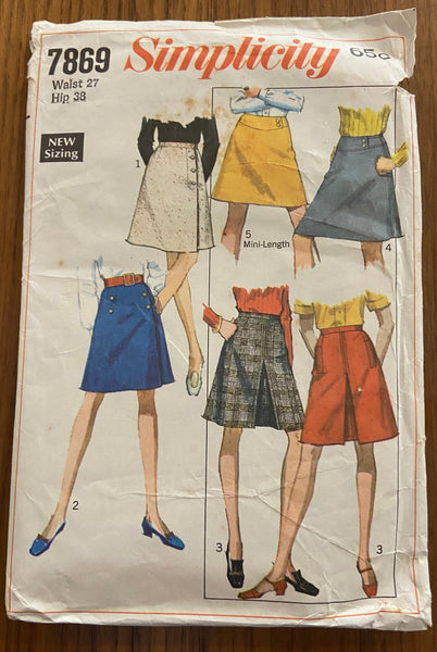 Simplicity 7869 vintage 1960s skirts sewing pattern. Waist 27 inches