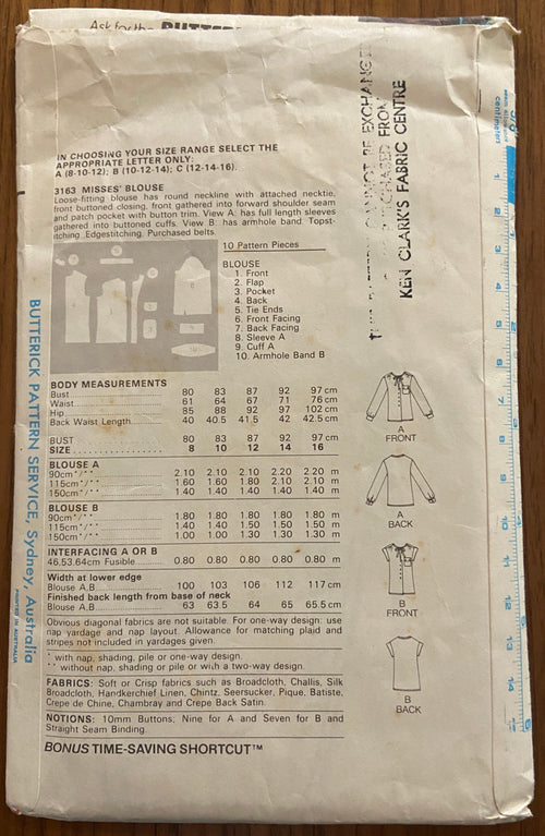Butterick 3163 vintage 1980s Marie Osmond super quick blouse sewing pattern. Bust 32 1/2 and 34 inches