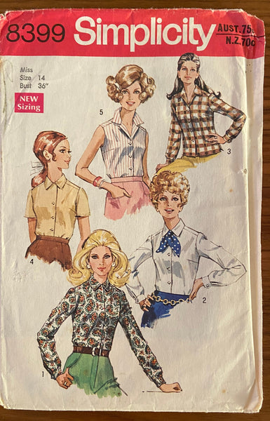 Simplicity 8399 vintage 1960s blouses sewing pattern  Bust 36 inches