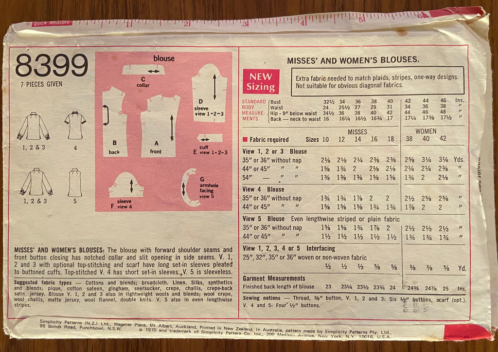 Simplicity 8399 vintage 1960s blouses sewing pattern  Bust 36 inches