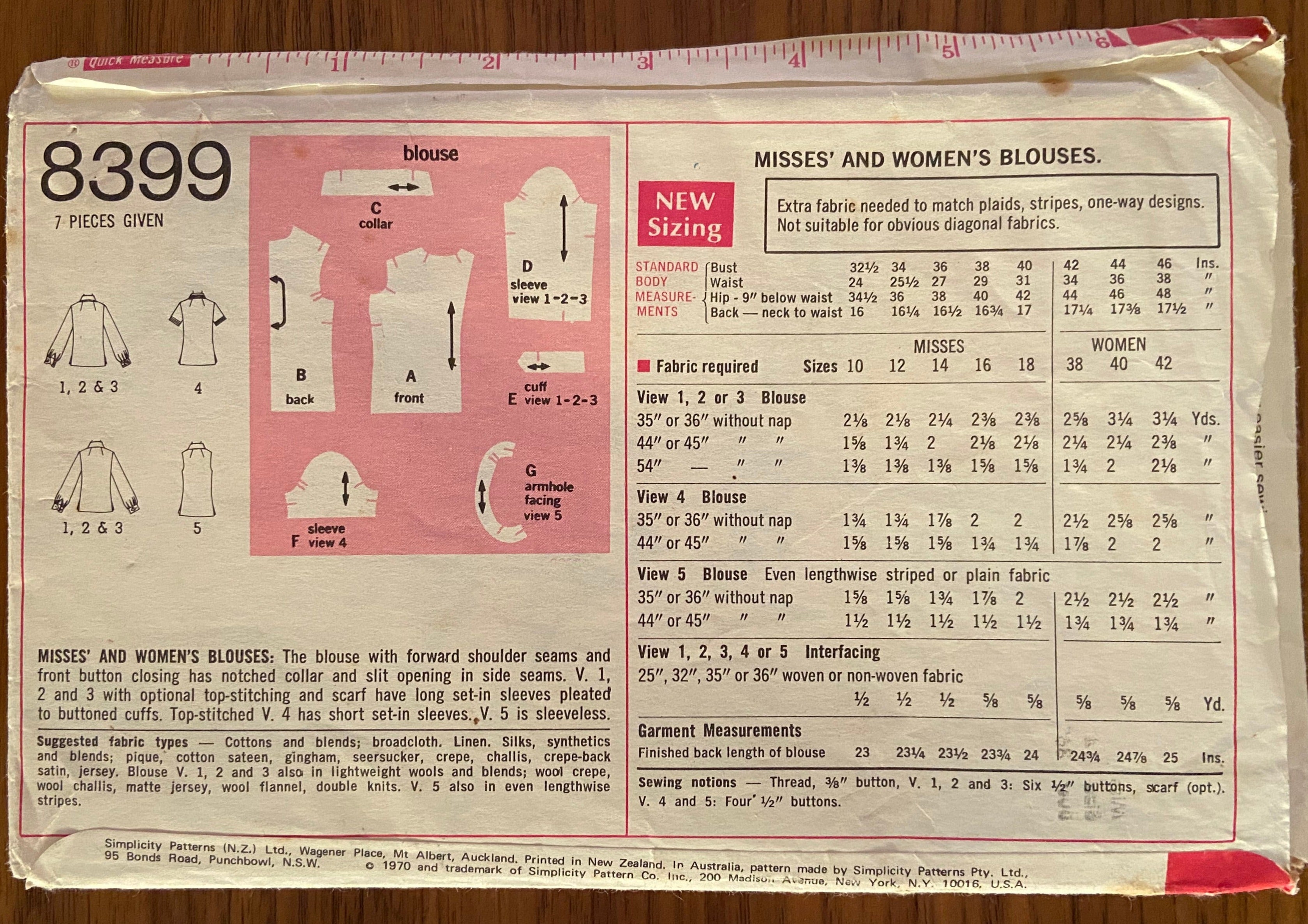 Simplicity 8399 vintage 1960s blouses sewing pattern  Bust 36 inches