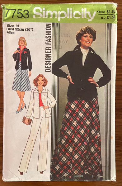 Simplicity 7753 vintage 1970s jacket skirt and pants pattern Bust 36 inches