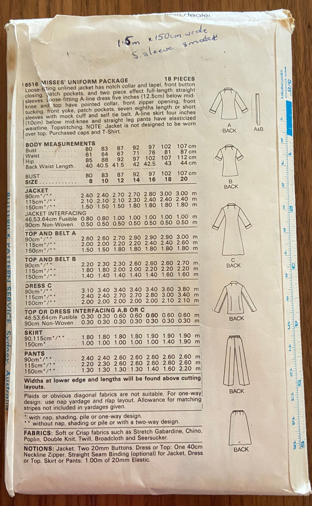 Butterick 6516 vintage 1980s uniform jacket, dress, skirt and pants pattern
