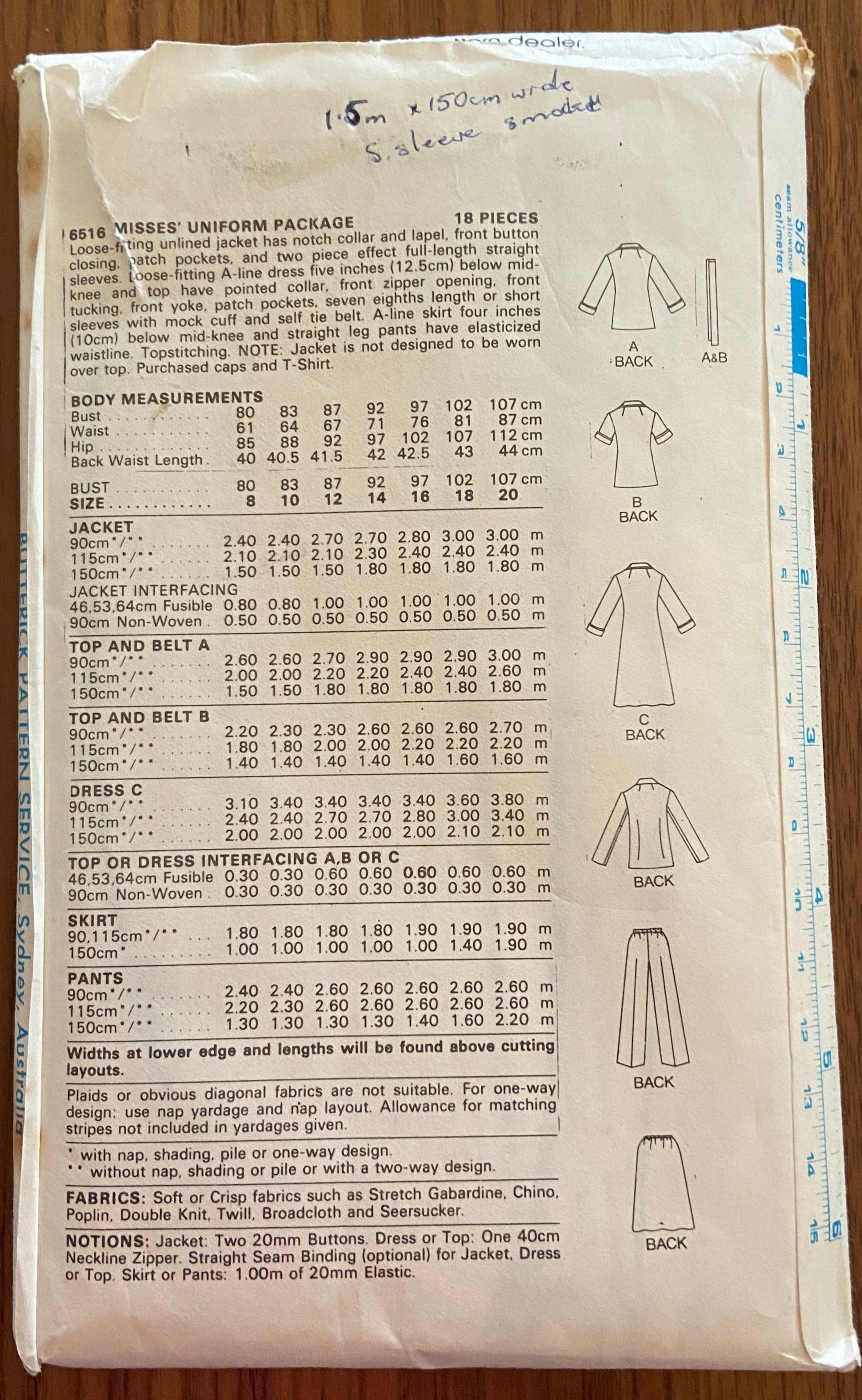 Butterick 6516 vintage 1980s uniform jacket, dress, skirt and pants pattern