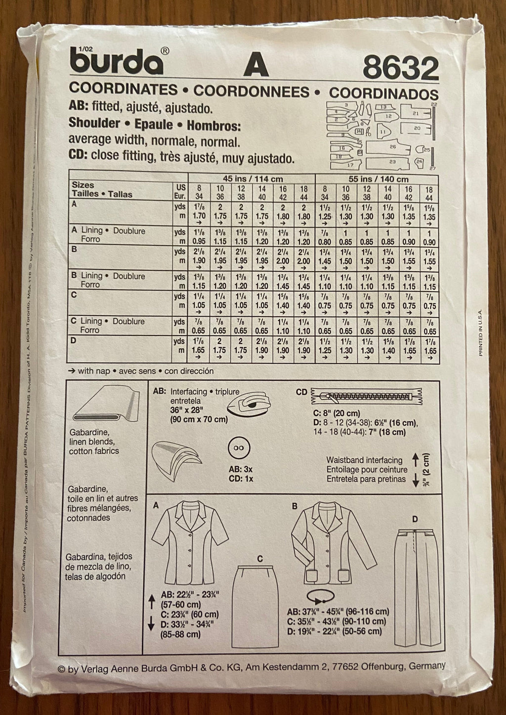 Burda 8632 co-ordinates jacket, skirt, pants sewing pattern. Sizes US 8-18