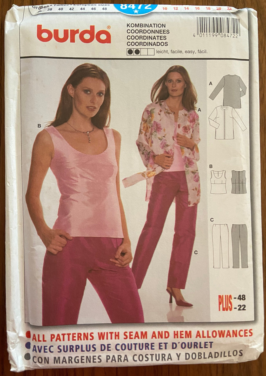 Burda 8472 co-ordinates jacket, top, pants sewing pattern. Sizes US 10-22