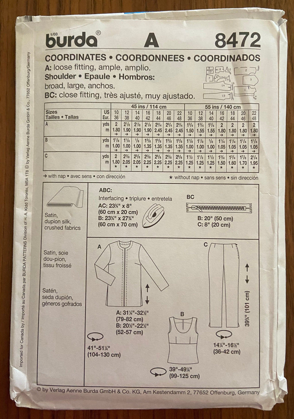 Burda 8472 co-ordinates jacket, top, pants sewing pattern. Sizes US 10-22