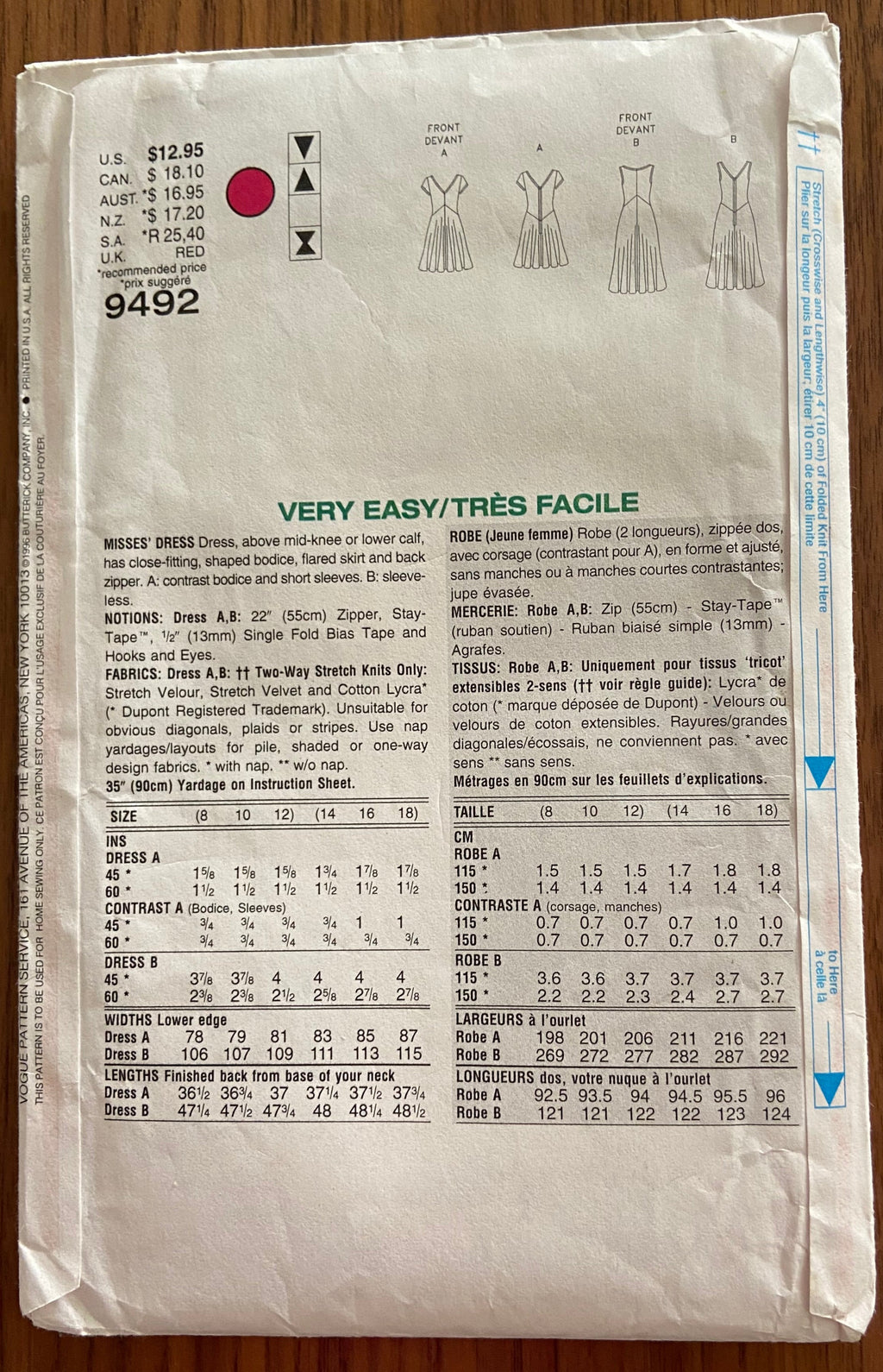 Very easy very vogue 9492 vintage 1990s dress sewing pattern Bust 31 1/2, 32 1/2, 34 inches