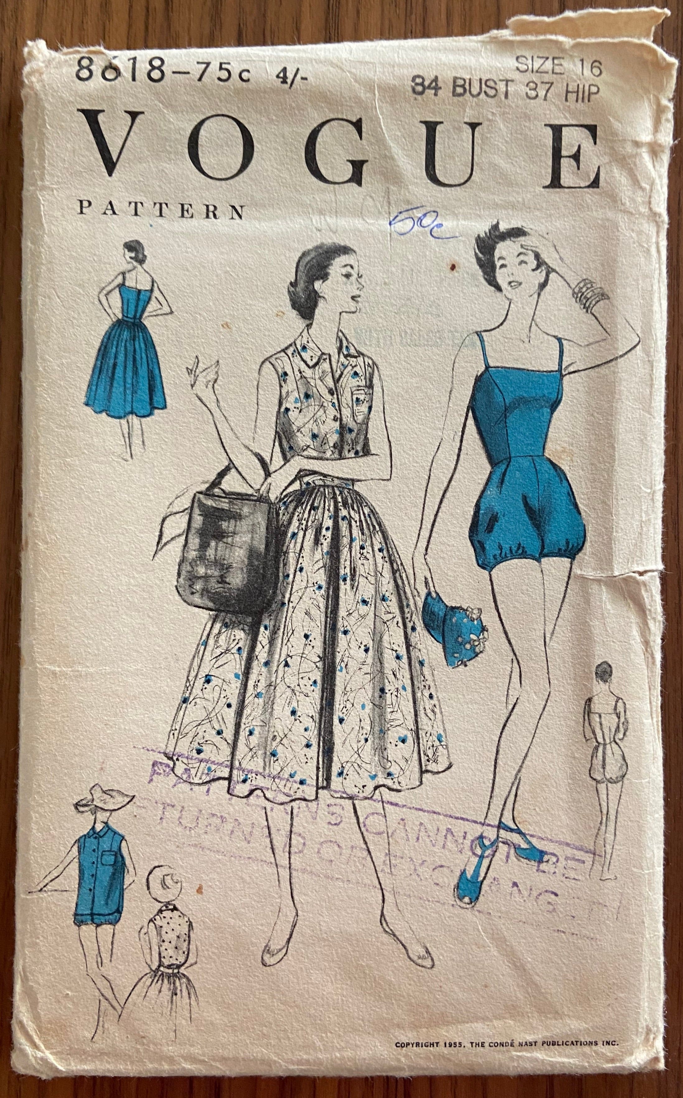 Vogue 8618 vintage 1950s skirt, shirt and playsuit sewing pattern. Bust 34