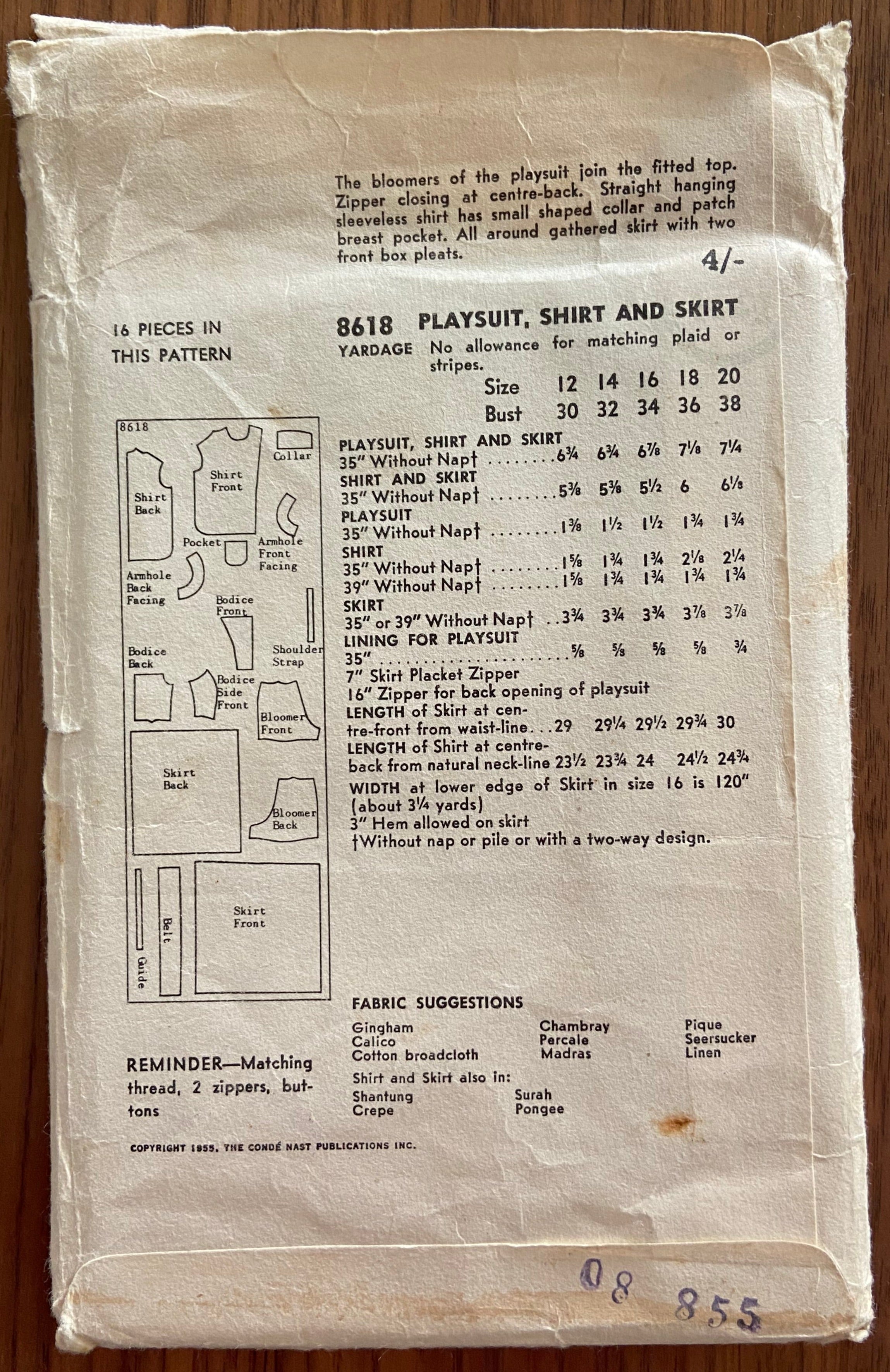 Vogue 8618 vintage 1950s skirt, shirt and playsuit sewing pattern. Bust 34