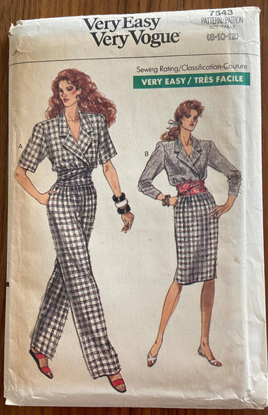Very easy very vogue 7543 vintage 1980s skirt, pants sash and top sewing pattern Bust 31 1/2, 32 1/2, 34 inches