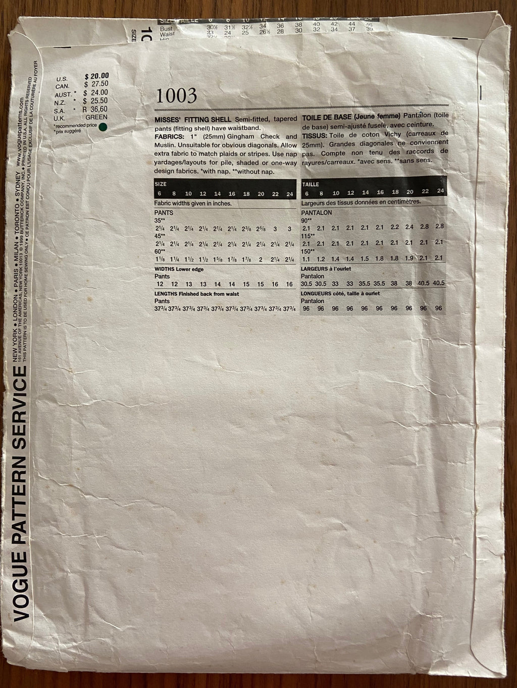 Vogue 1003 vintage 1990s pants fitting shell sewing pattern Waist 23 inches Hip 32 1/2 inches