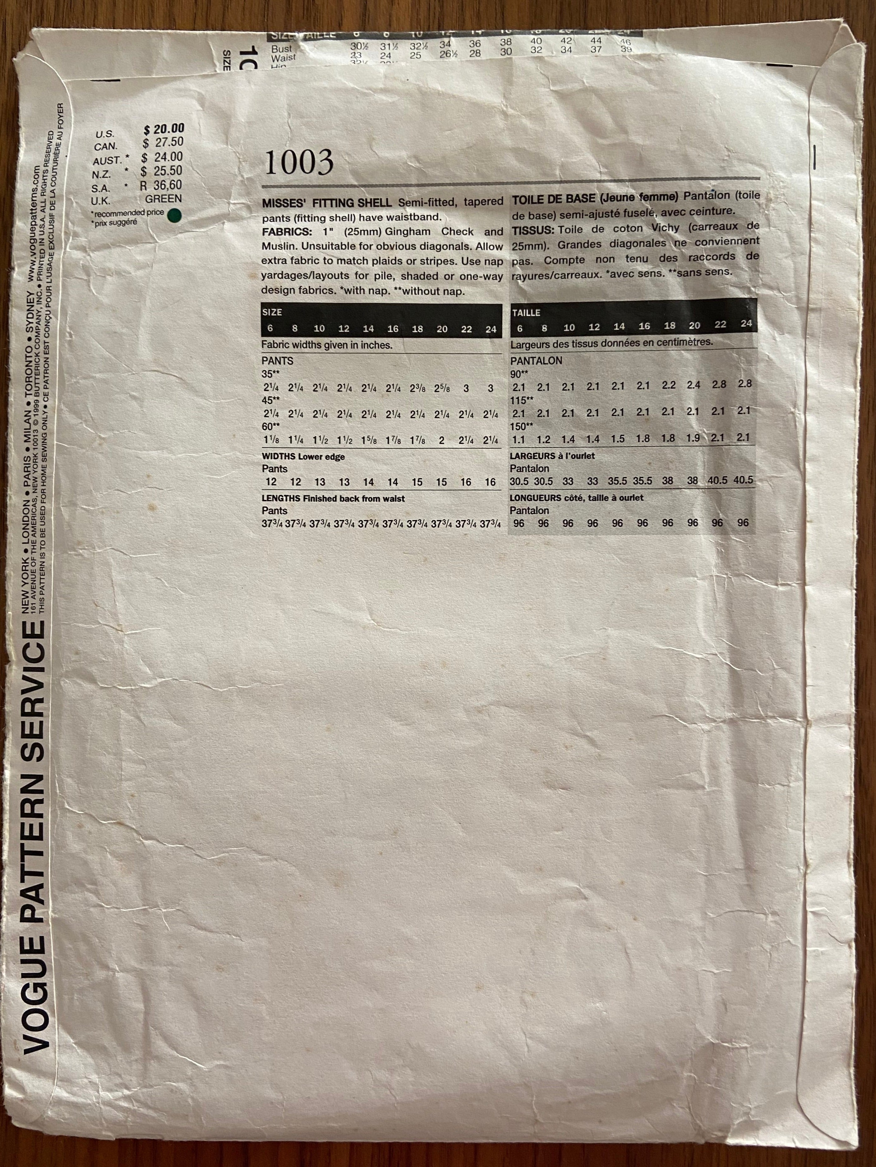 Vogue 1003 vintage 1990s pants fitting shell sewing pattern Waist 23 inches Hip 32 1/2 inches