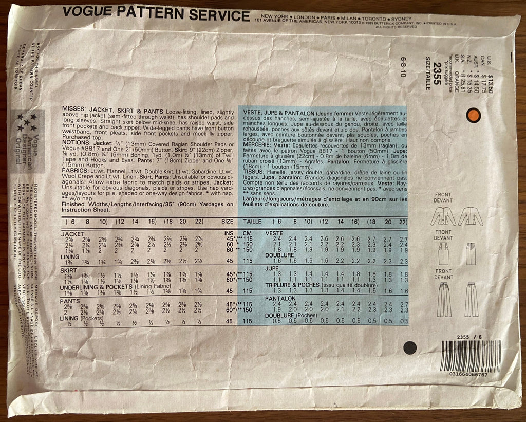 Vogue 2355. Vogue American Designer jacket, skirt and pants sewing pattern. Anne Klein. Bust 30 1/2, 31 1/2, 32 1/2 inches