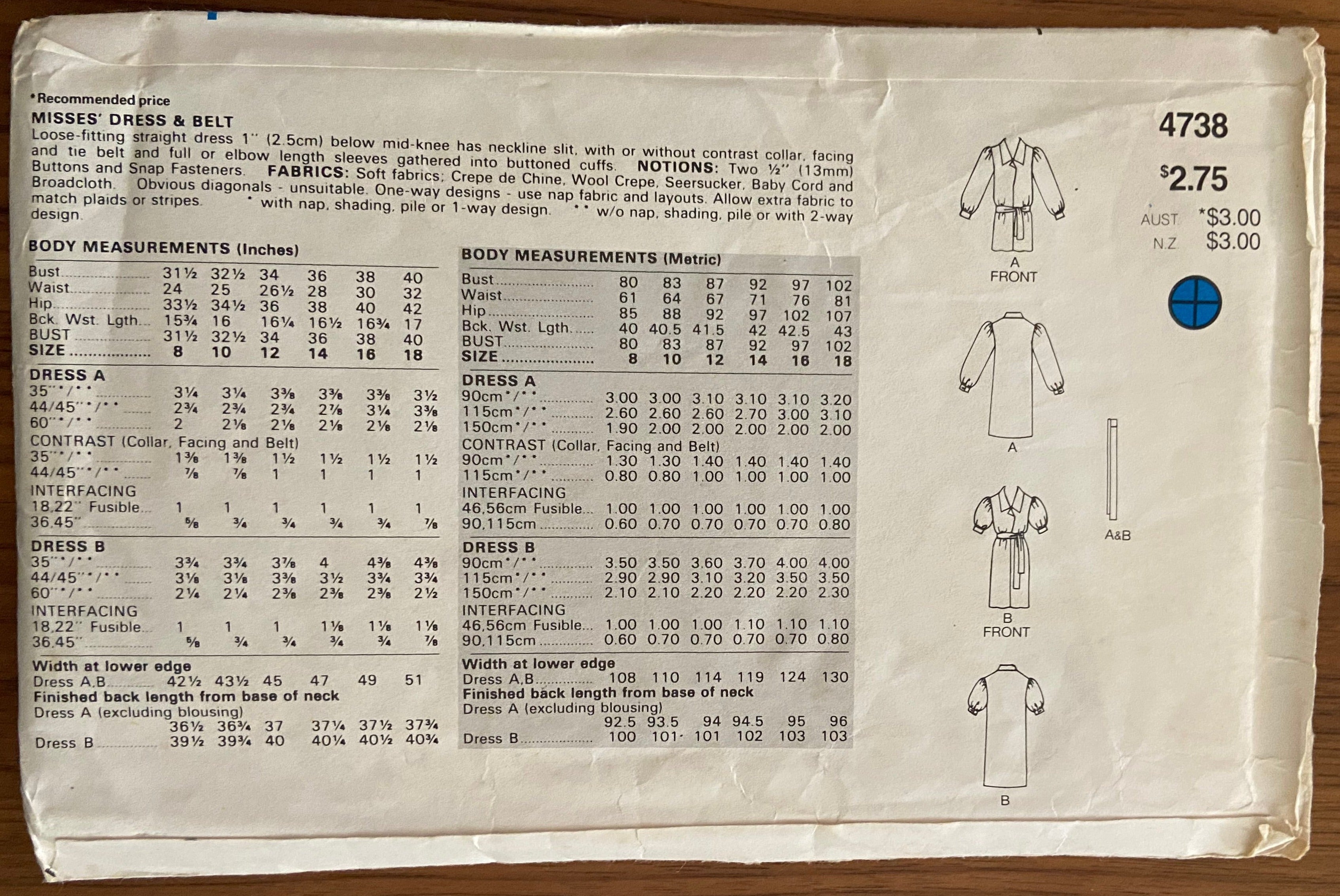 Butterick 4738 vintage 1980s dress pattern Bust 30 1/2, 31 1/2, 34 inches