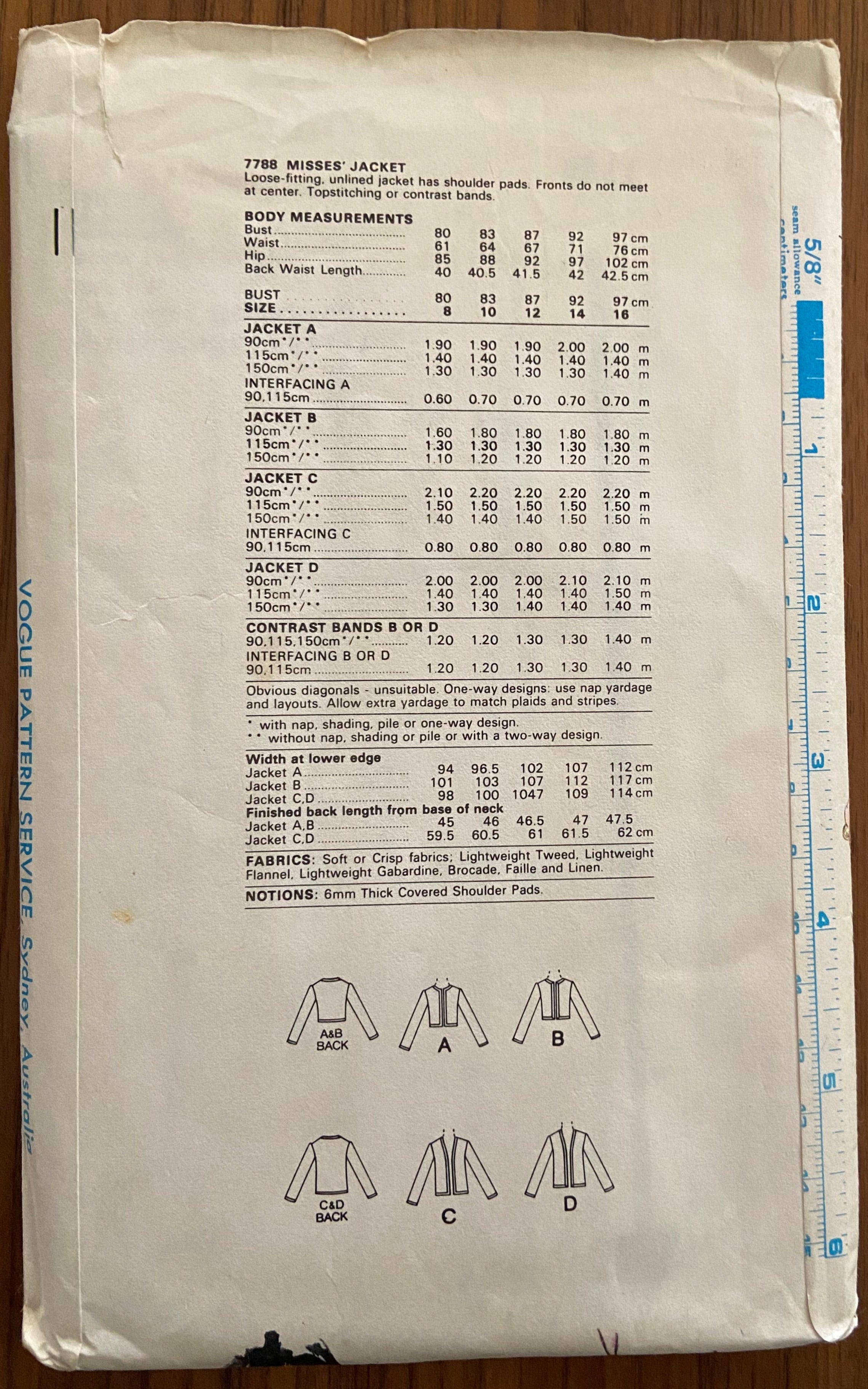 Vogue 7788 vintage 1980s  jacket pattern Bust 32 1/2 inches