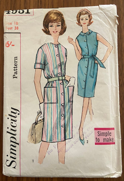 Simplicity 4951 vintage 1960s dress pattern. Bust 38 inches