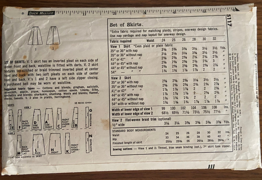 Simplicity 5117 vintage 1960s skirts pattern sewing pattern