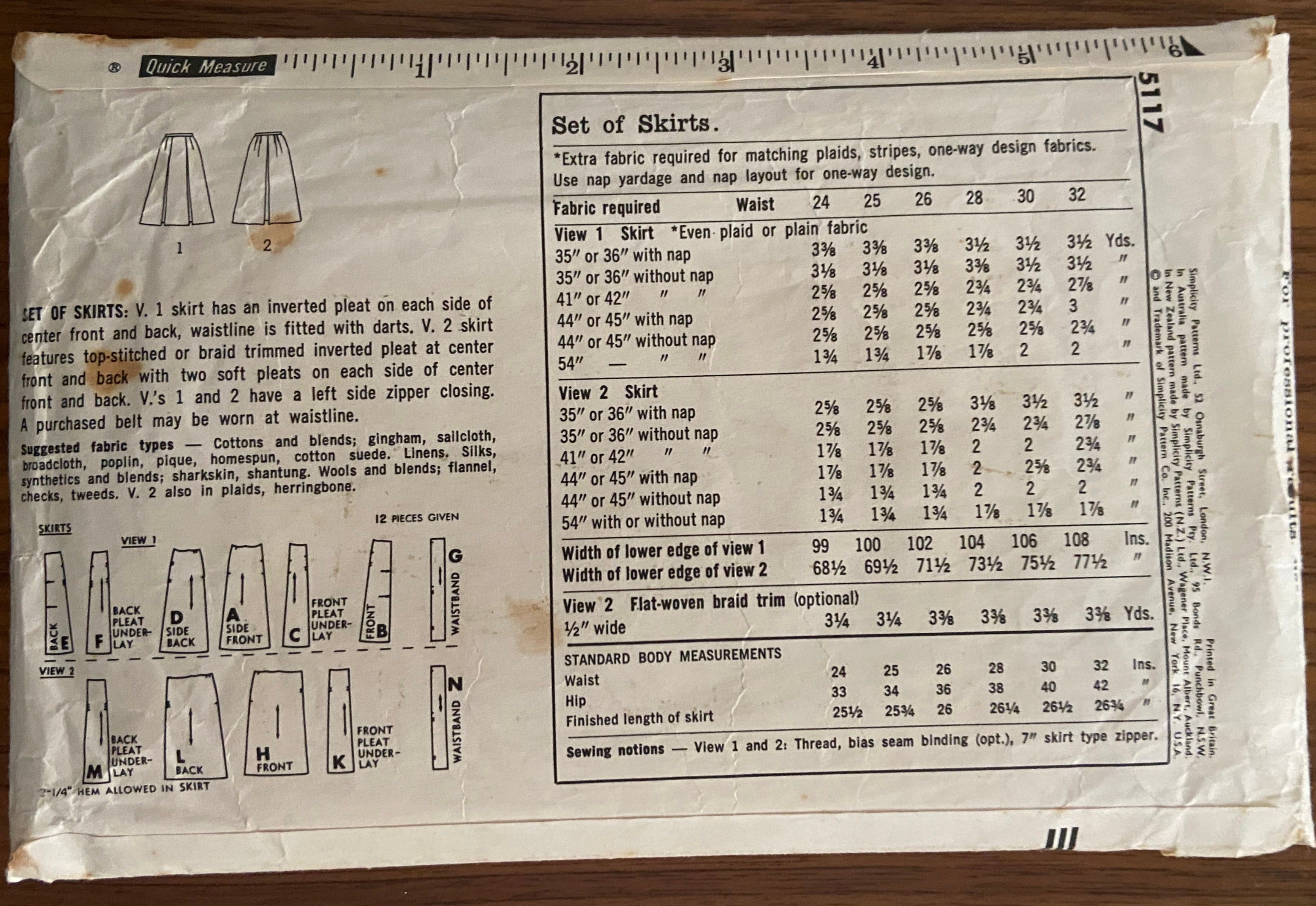 Simplicity 5117 vintage 1960s skirts pattern sewing pattern