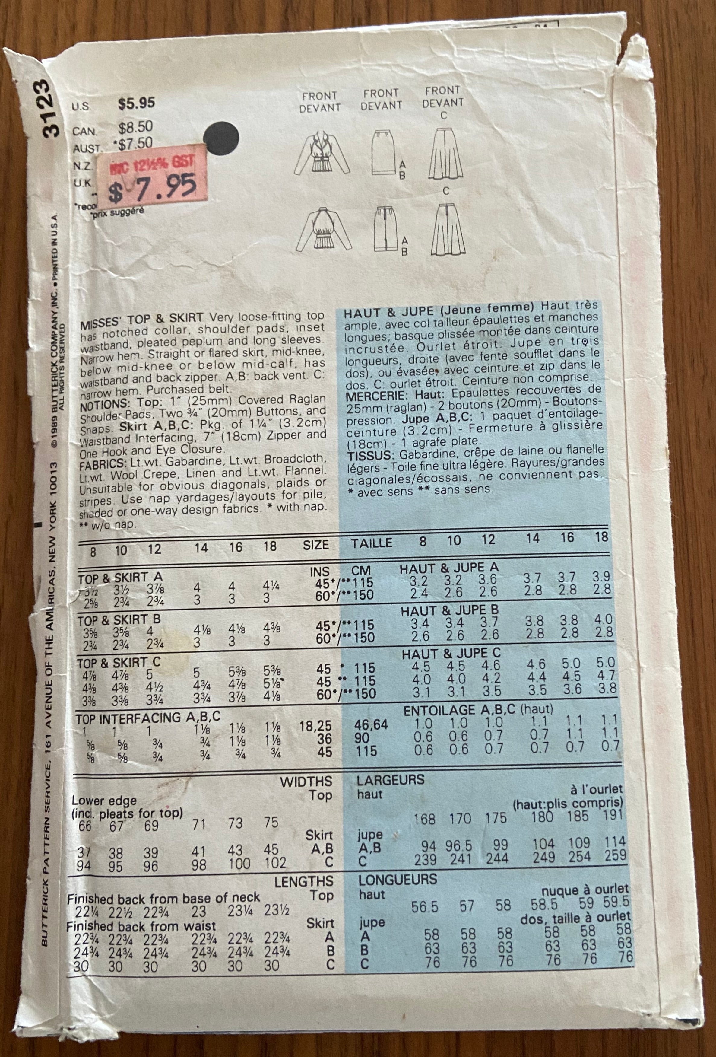 Butterick 3123 vintage 1980s top and skirt sewing pattern. Bust 36