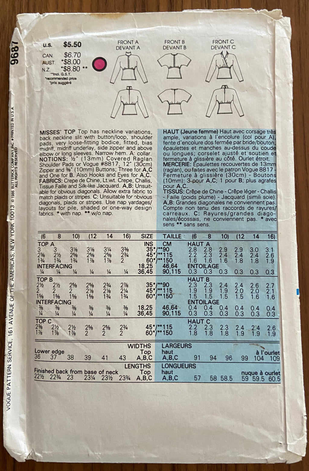 Vogue 9687 vintage 1980s top sewing pattern Bust 30 1/2 31 1/2, 32 1/2 inches