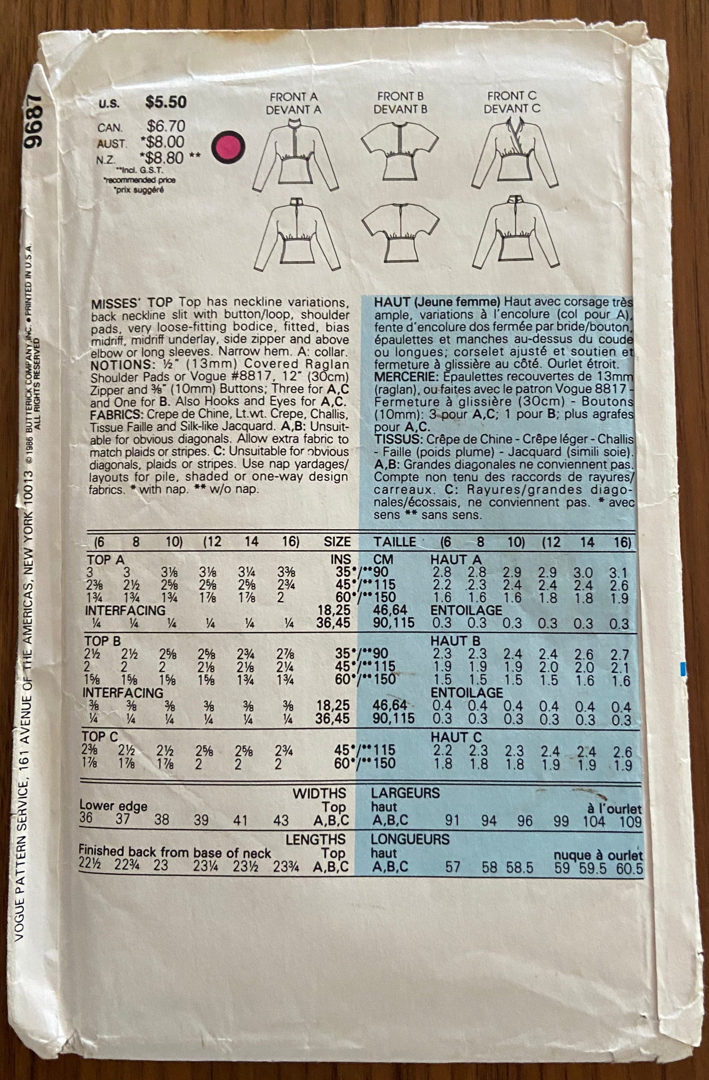Vogue 9687 vintage 1980s top sewing pattern Bust 30 1/2 31 1/2, 32 1/2 inches
