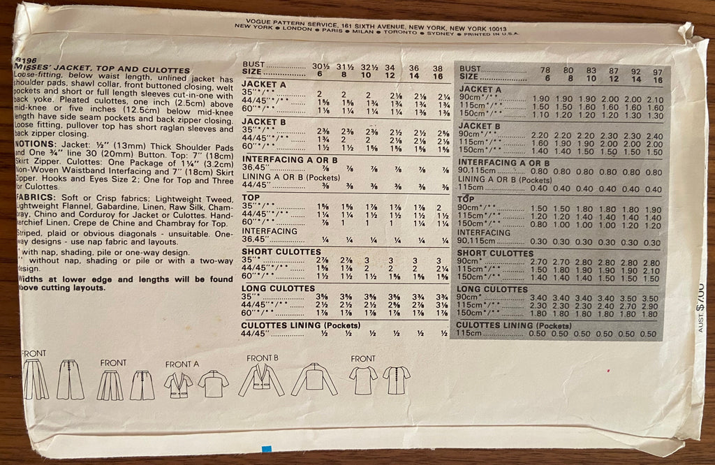 Vogue 8196 vintage 1990s top, culottes and jacket sewing pattern Bust 34 inches