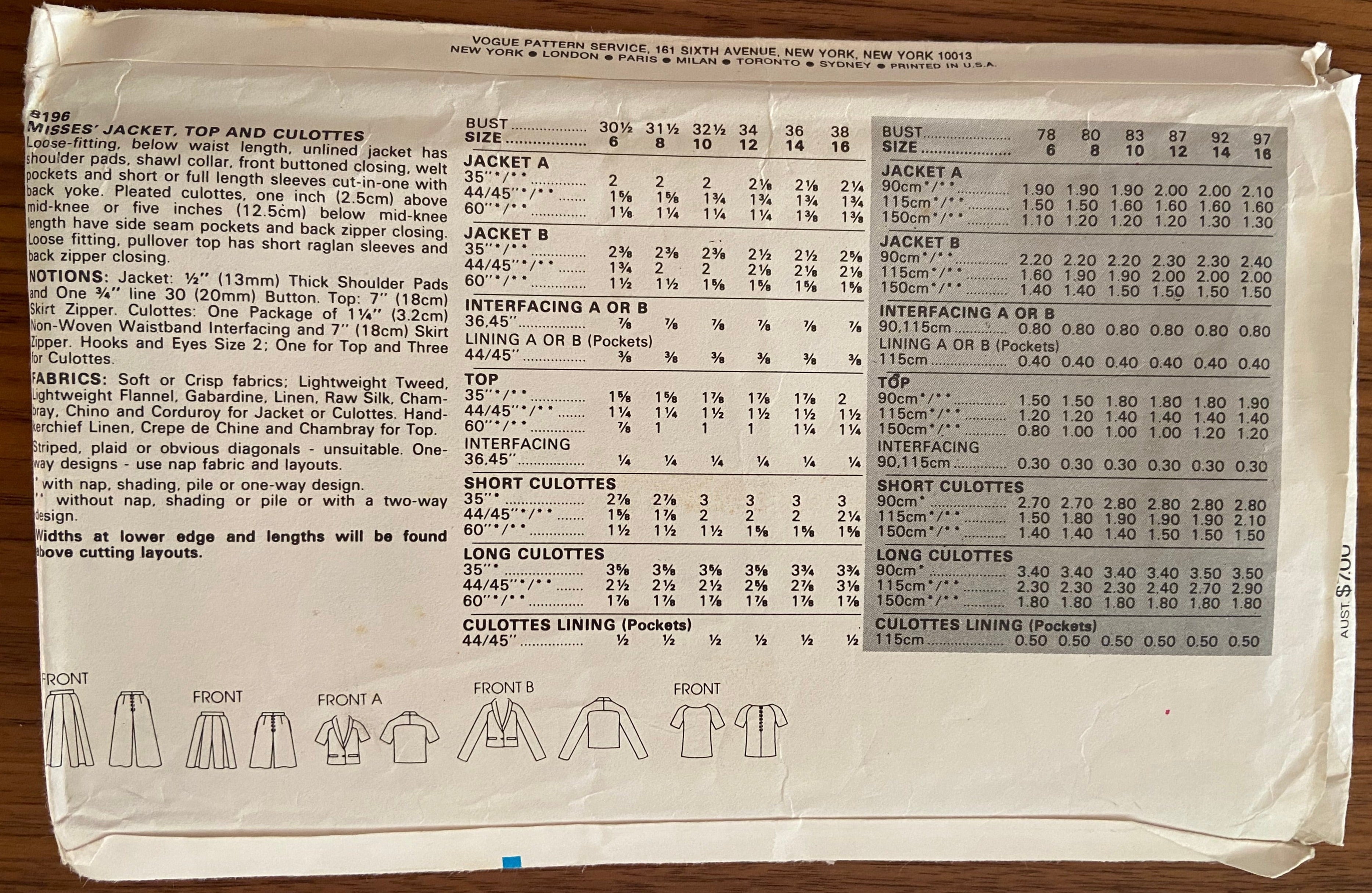 Vogue 8196 vintage 1990s top, culottes and jacket sewing pattern Bust 34 inches