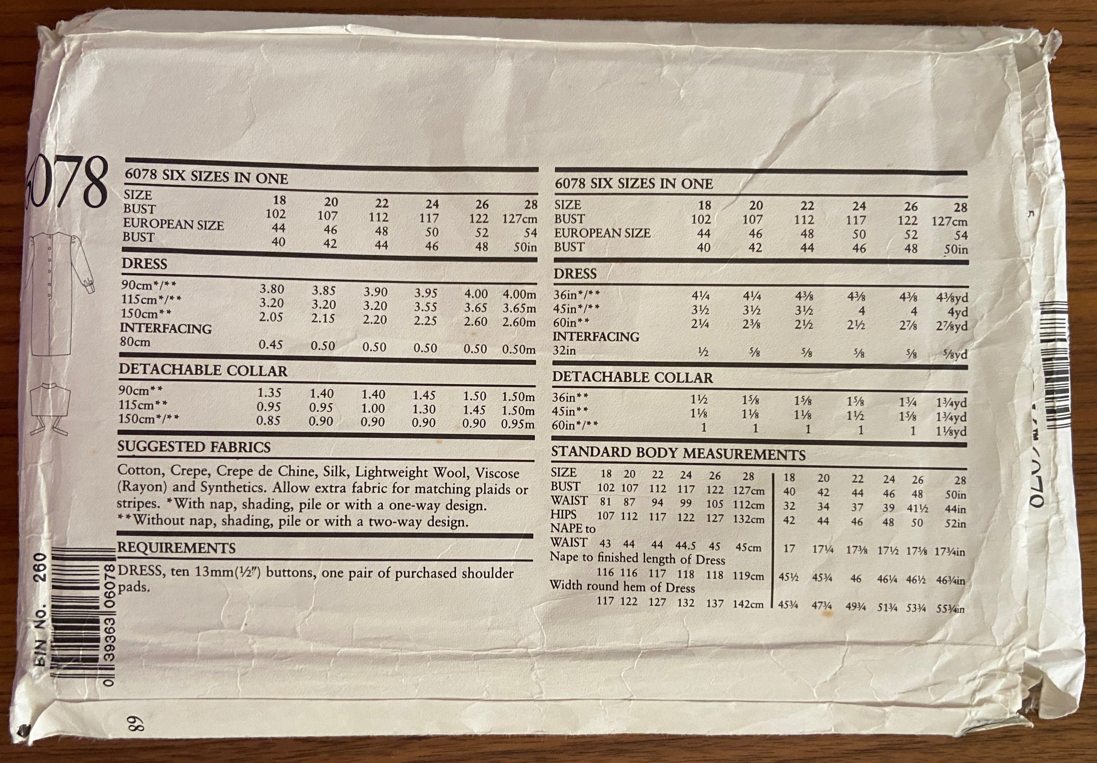 New look 6078 vintage 1980s dress pattern. Bust 40, 42, 44, 46, 48 inches