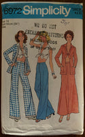 Simplicity 6972 vintage 1970s skirt, jacket, wide-leg pants and midriff top sewing pattern. Bust 36