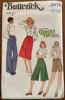 Butterick 5978 vintage 70s skirt, culottes, pants and shorts pattern. Waist 28 inches