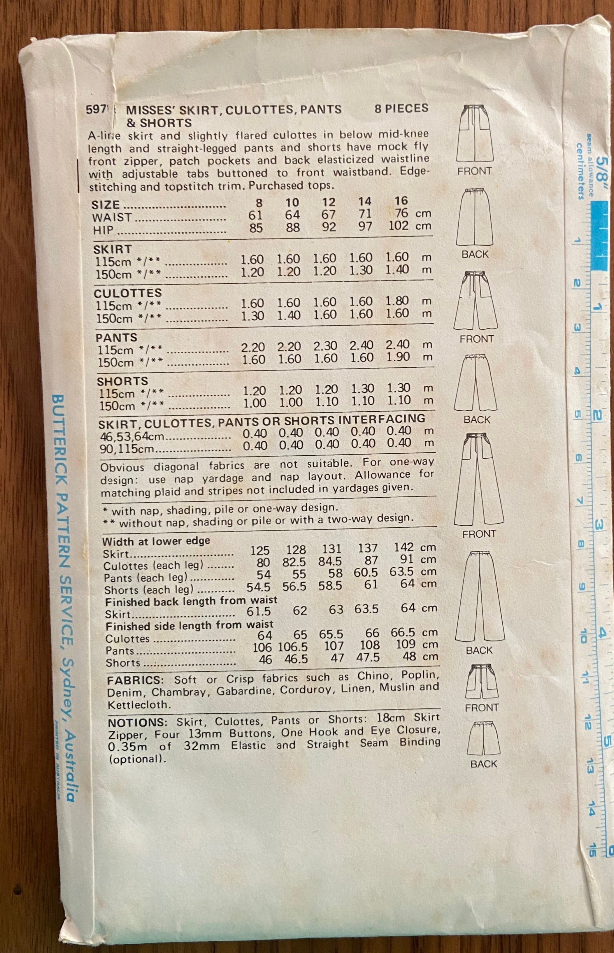 Butterick 5978 vintage 70s skirt, culottes, pants and shorts pattern. Waist 28 inches