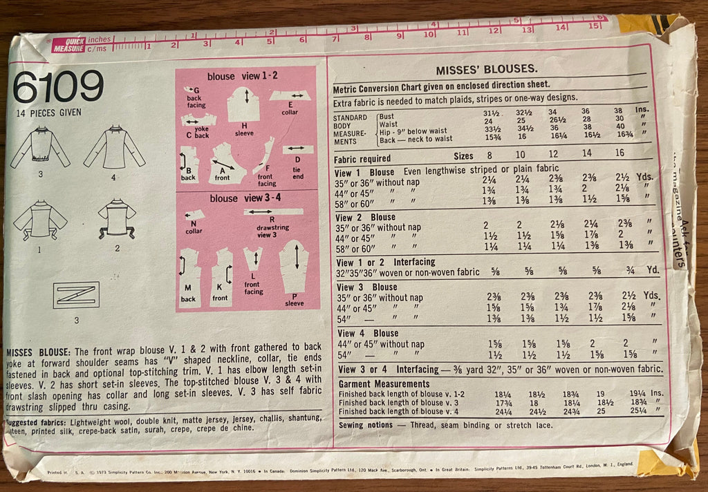 Simplicity 6109 vintage 1970s blouse sewing pattern. Bust 36 inches