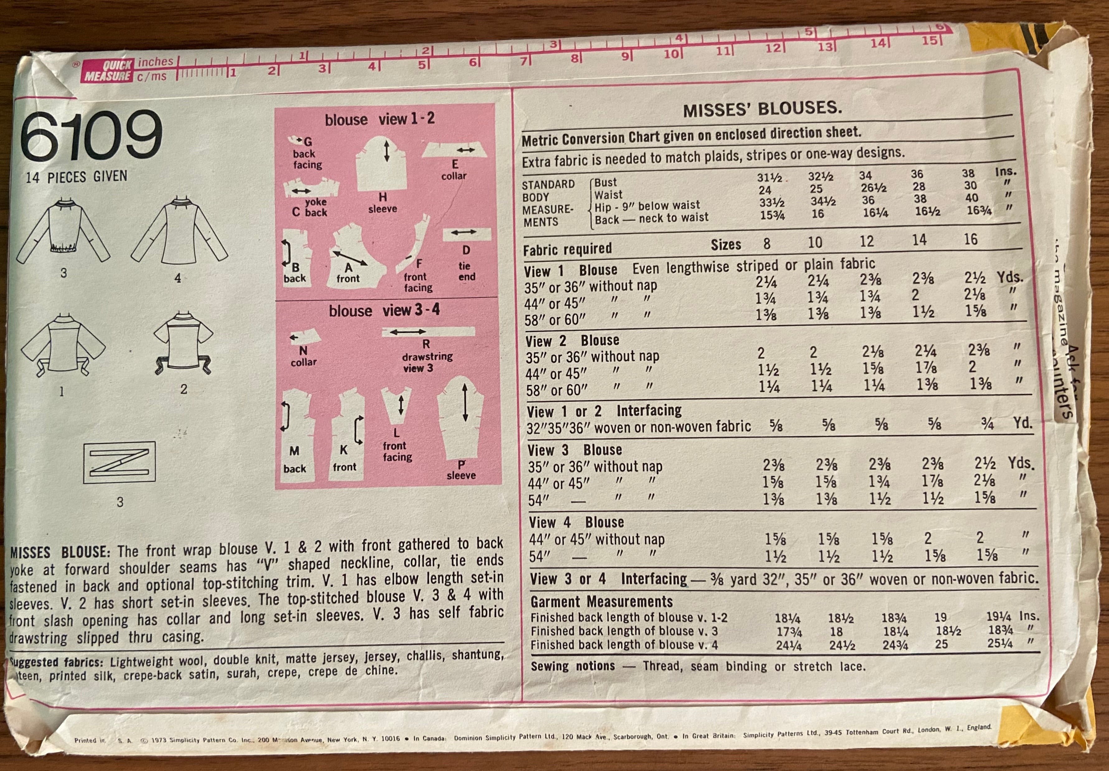Simplicity 6109 vintage 1970s blouse sewing pattern. Bust 36 inches