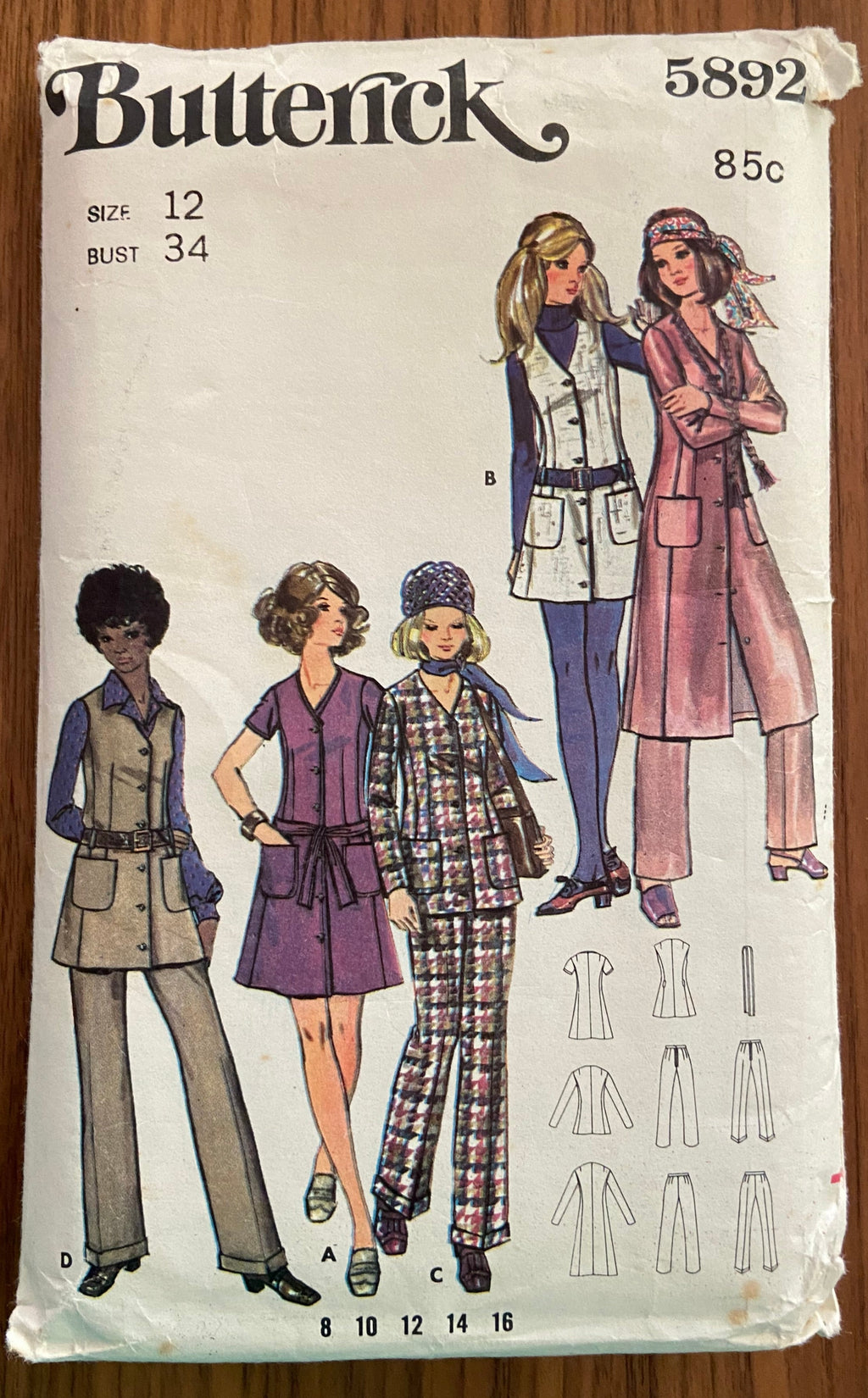 Butterick 5892 vintage 70s jacket, dress or jumper and pants pattern. Bust34  inches