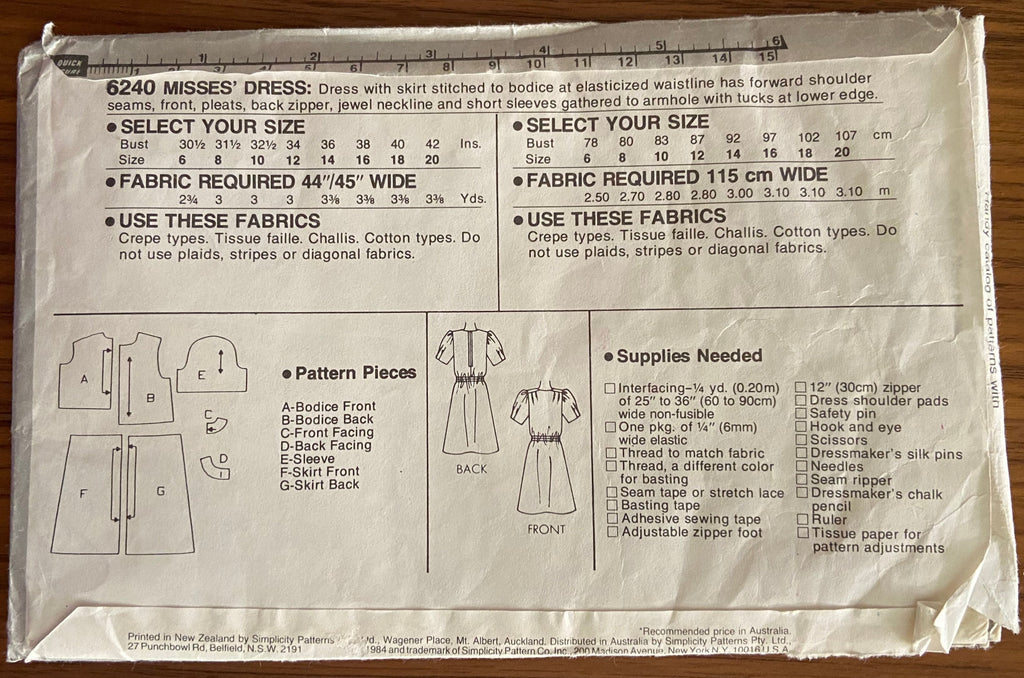 Simplcity 6240 vintage 1980s dress pattern. Bust 34