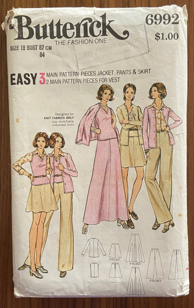 Butterick 6992 vintage 1970s vest, skirt, jacket and pants pattern. Bust 34 inches