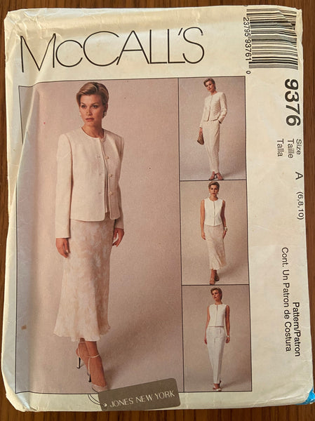 McCall's 9376 vintage 1990s lined jacket, lined vest, pants and bias skirt sewing pattern. Bust 30 1/2, 31 1/2, 32 1/2 inches