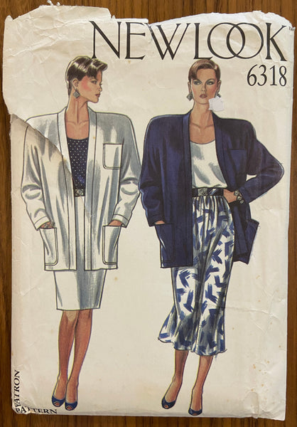 New Look 6318 vintage 1980s skirt and oversized jacket sewing pattern. Bust 34 - 44 inches