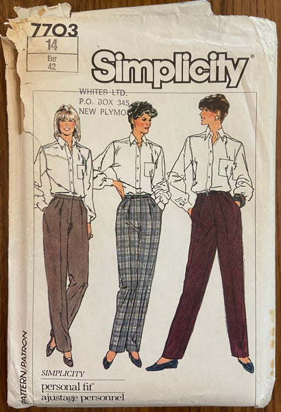 Simplicity 7703 vintage 1980s proportional pants sewing pattern. Waist 28, hip 36 1/2 inches